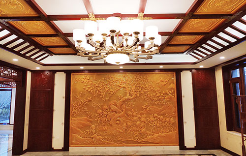 衡山中式别墅客厅中式木作横梁吊顶装饰展示